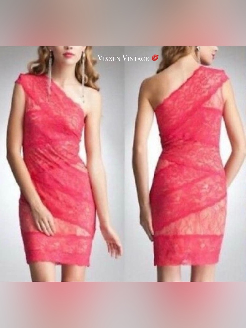 BEBE LACE OVERLAY ILLUSION ONE SHOULDER BODYCON DRESS IN LIPSTICK PINK
